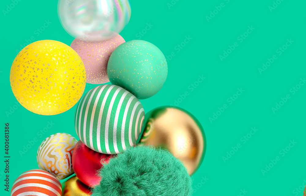 Poster abstract holiday background with fancy geometric balloons. 3d render.