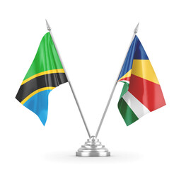 Seychelles and Tanzania table flags isolated on white 3D rendering