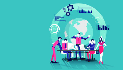 Business team is working  Idea concept   illustration vector,Office Work,Social Network Technology, Laptop,Earth, chart,graph, for success,set icon.