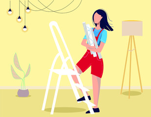 Woman with wallpaper in her hands stands on a stepladder