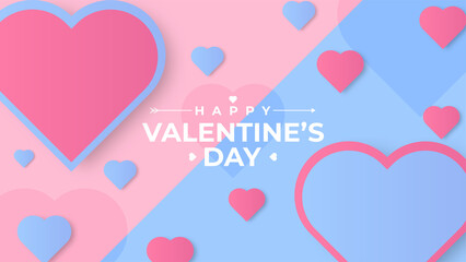 Valentine's Day background with hearts on pink and blue. Vector illustration. Cute love valentine banner or greeting card. Paper cut style. Place for your text