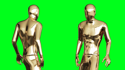 Golden man character animation. Isolate on green screen. 3d rendering.