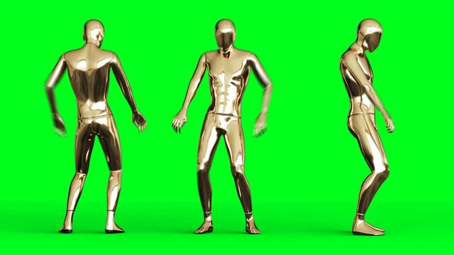 Golden man character animation. Isolate on green screen.