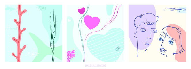 Set of trendy abstract backgrounds.  Minimal hand drawn geometric shapes composition. Pastel colorful pattern. Boy and girl faces. Editable mask. Template for your design works. Vector illustration.