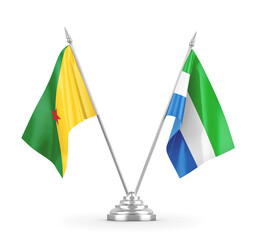 Sierra Leone and French Guiana table flags isolated on white 3D rendering