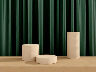 Podium, stand, platform for presentation and advertising of products, brands - illustration, 3D render. Pedestal with plaster on background of silk fabric. Geometric abstract objects on stone table.