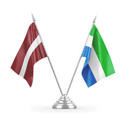 Sierra Leone and Latvia table flags isolated on white 3D rendering