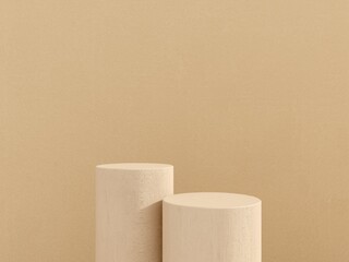 Podium, stand, platform for presentation and advertising of products, brands - illustration, 3D render. Pedestal with plaster on background of silk fabric. Geometric abstract objects on stone table.