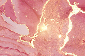 Shining rose, and gold geode or marble texture. Alcohol ink technique abstract vector background. Modern paint with glitter. Template for banner, poster design. Fluid art painting