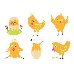 Chick set. Happy yellow baby chicken, doodle colorful baby birds in different poses, poultry farm cute creature, cartoon minimalistic style collection, easter symbol vector simple flat isolated set