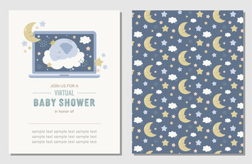 Virtual baby shower invitation card and coordinated pattern with cute elephant, stars, moon, and clouds. Baby shower invitation for a boy in muted pastel colors.