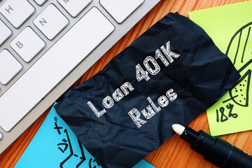 Financial concept meaning Loan 401K Rules with phrase on the piece of paper.