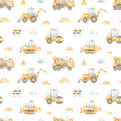 Watercolor seamless pattern with construction vehicles, concrete truck, bulldozer, road roller, tractor on a white background © MarinaErmakova