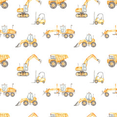 Watercolor seamless pattern with construction vehicles, dump truck, grader, forklift, bulodozer, excavator on a white background © MarinaErmakova
