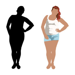Vector silhouette of a young girl in shorts and a tank top. Isolated on a white background. Black female silhouette
