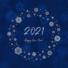 Fototapeta na wymiar 2021 happy new year. white text on blue repetitive background with snowflakes frame. greeting card vector template on seamless pattern.