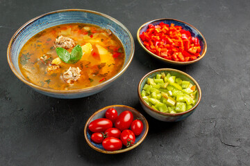 front view delicious meat soup with sliced pepper on dark background dish photo meal food
