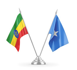 Somalia and Ethiopia table flags isolated on white 3D rendering