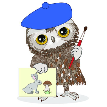 emoji with owl watercolor artist with his drawing of a rabbit and  mushroom, painted with brush on a list of paper, hand drawn emoticon on white isolated background