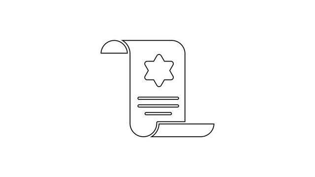 Black line Torah scroll icon isolated on white background. Jewish Torah in expanded form. Star of David symbol. Old parchment scroll. 4K Video motion graphic animation