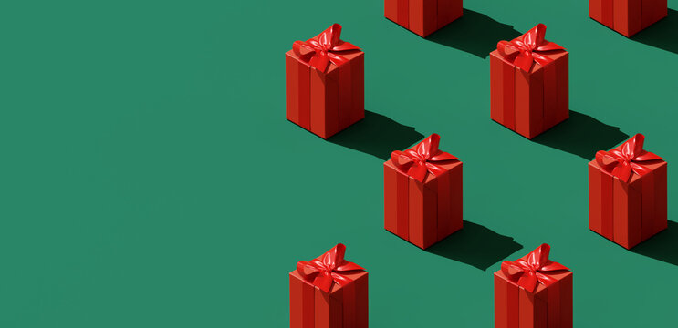 Pattern Red Gift Boxes On Green Background. 3d Rendering