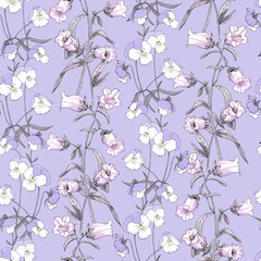 Lilac vector seamless background. Floral background with Campanella and pansies for packaging, wallpaper and fabric.