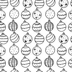 Seamless pattern with outline Christmas tree balls in row. Hand drawn New year, Xmas backgrounds and textures. For greeting cards, wrapping paper, packaging, fabric, calendars, prints, coloring book