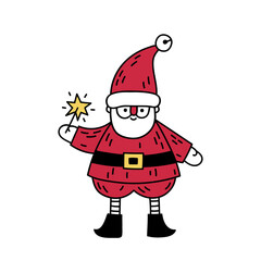 Christmas doodle illustration of cute cartoon style Santa Claus character with red nose. Happy and funny Santa holds a sparkler or magic wand in his hand.