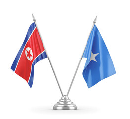 Somalia and North Korea table flags isolated on white 3D rendering