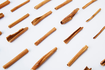 Cinnamon close up on a white background