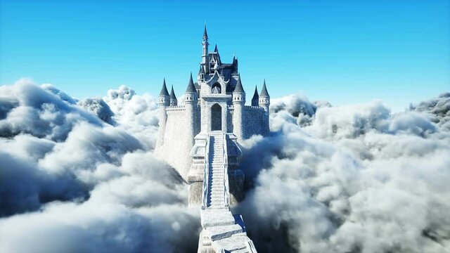 Fairytale palace in clouds. Aerial view. Flying in clouds Realistic 4k animation