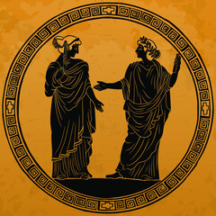 Fototapeta premium A young man in an ancient Greek tunic with a papyrus scroll in his hand stands reads a poem for a young woman and gestures.