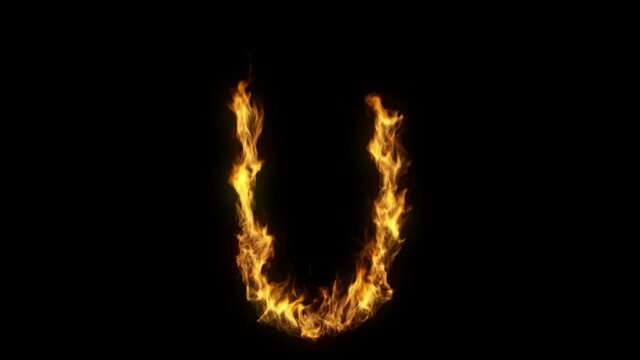3D animation of the letter u on fire with alpha layer