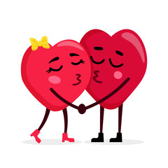 Cute funny cartoon hearts couple are kissing. Hearts in love for wedding or Valentines Day holiday greetings and invitations. Vector illustration.