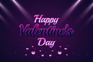 Happy Valentine's Day banner with colorful text, pink hearts, and glowing flares on purple background. Holiday gift card. Romantic background with 3d decorative objects. Vector illustration