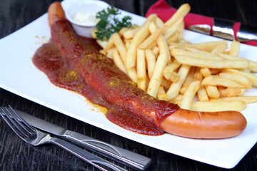 Huge Berlin curry sausage Currywurst,  served with French fries and mayonnaise
