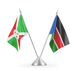 South Sudan and Burundi table flags isolated on white 3D rendering 