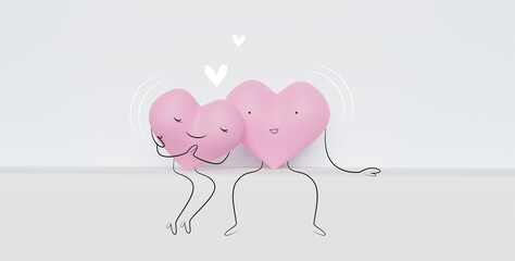 3D of sweet couple of cute hearts in love. Happy Valentine's Day.  Scenes with two funny cute. Wedding, happiness concept.