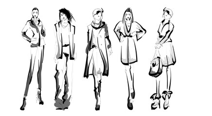 Beautiful young women in modern style.. Hand drawn stylish woman portrait. Fashion lady. Autumn outfit. Sketch set. Fashion model posing in coat. Hand drawn fashion woman.