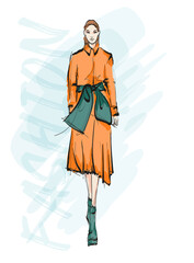 Young beautiful woman in orange dress. Sale concept. Hand-drawn fashion illustration