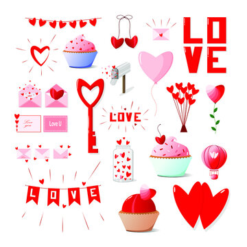 Fototapeta Set with bright elements for Valentine's Day. Hearts, flags, cupcakes, key, flowers, letters, envelopes, inscriptions, love. vector illustration
