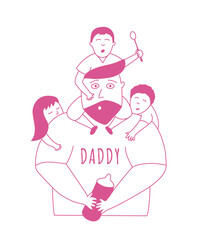 Puzzled dad holding children. Father's day funny greeting card