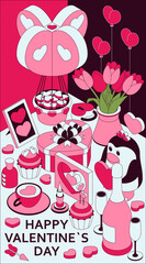 Happy Valentine Day background with cute isometric elements. Greeting card and Love template