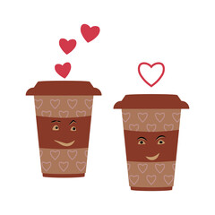 Cartoon coffee mugs with smiling face and hearts, romantic flirting concept, vector illustration.