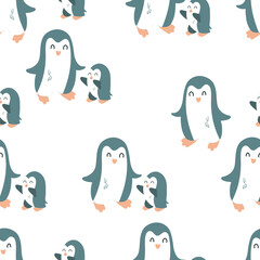 Cute penguins mom and baby. Children's pattern in a cartoon style. Vector illustration for print, textile, wrapping paper, wallpaper.