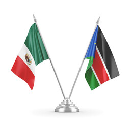 South Sudan and Mexico table flags isolated on white 3D rendering