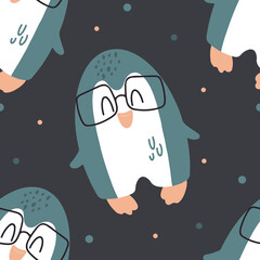 Cute penguin with glasses. Children's pattern in a cartoon style. Vector illustration for print, textile, wrapping paper, wallpaper.