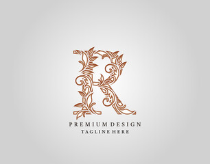 Calligraphic R Letter logo design, elegant floral ornate alphabet design vector.