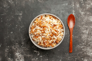 top view cooked rice inside plate on dark background dark dish east meal food