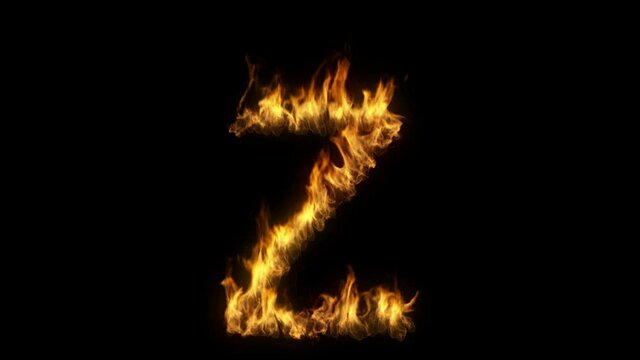 3D animation of the letter z on fire with alpha layer